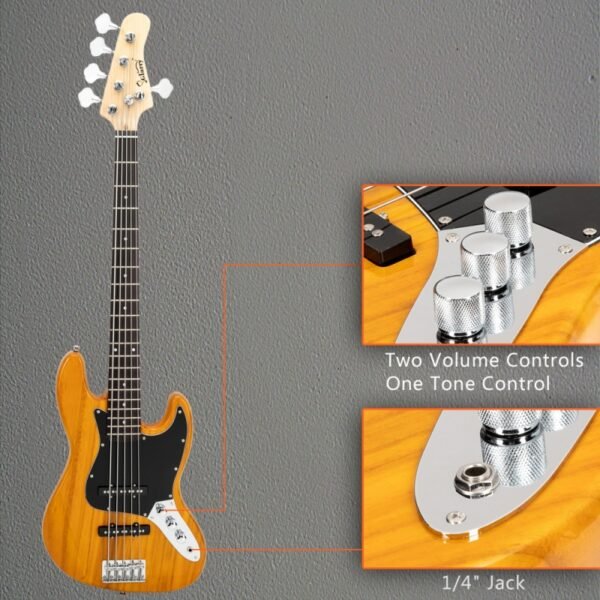 Bajo eléctrico de 5 cuerdas Glarry GJazz de tamaño completo, color amarillo - Image 3