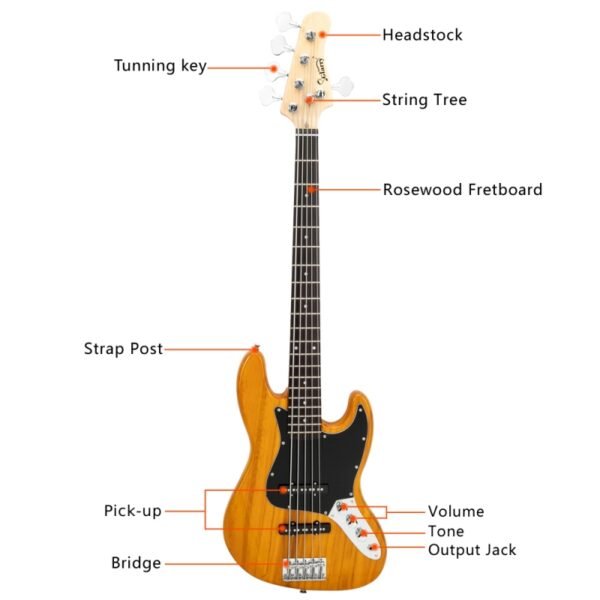 Bajo eléctrico de 5 cuerdas Glarry GJazz de tamaño completo, color amarillo - Image 8