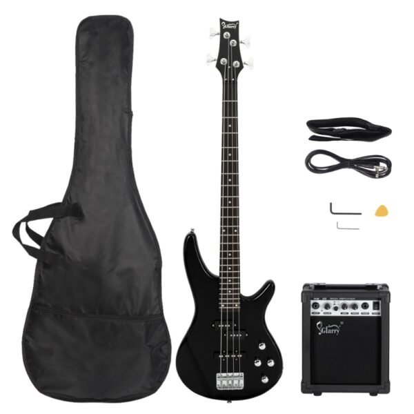Bajo Glarry GIB de 4 cuerdas, pastillas SS de tamaño completo con amplificador de 20 W, Sunset negro