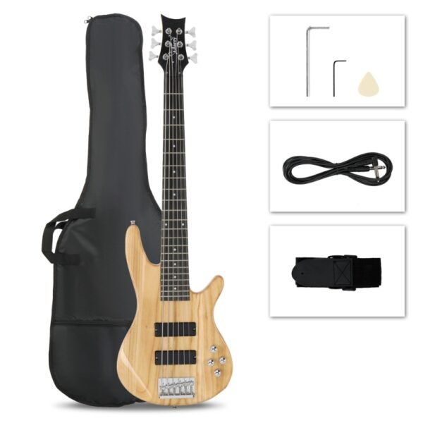 Bajo Glarry GIB de 6 cuerdas, tamaño completo, pastilla HH, color Madera - Image 6