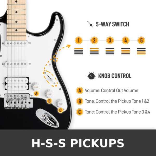 Guitarra eléctrica Glarry GST Stratocaster con pastillas HSS y amplificador de 20 W, color negro - Image 3