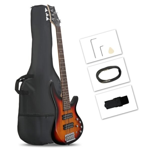 Bajo Glarry GIB de 5 cuerdas, tamaño completo, bobina abierta, pastilla HH, Sunset